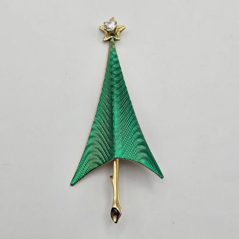 Cerrito Christmas Tree Brooch Green Enamel Rhinestone Star Signed Vintage